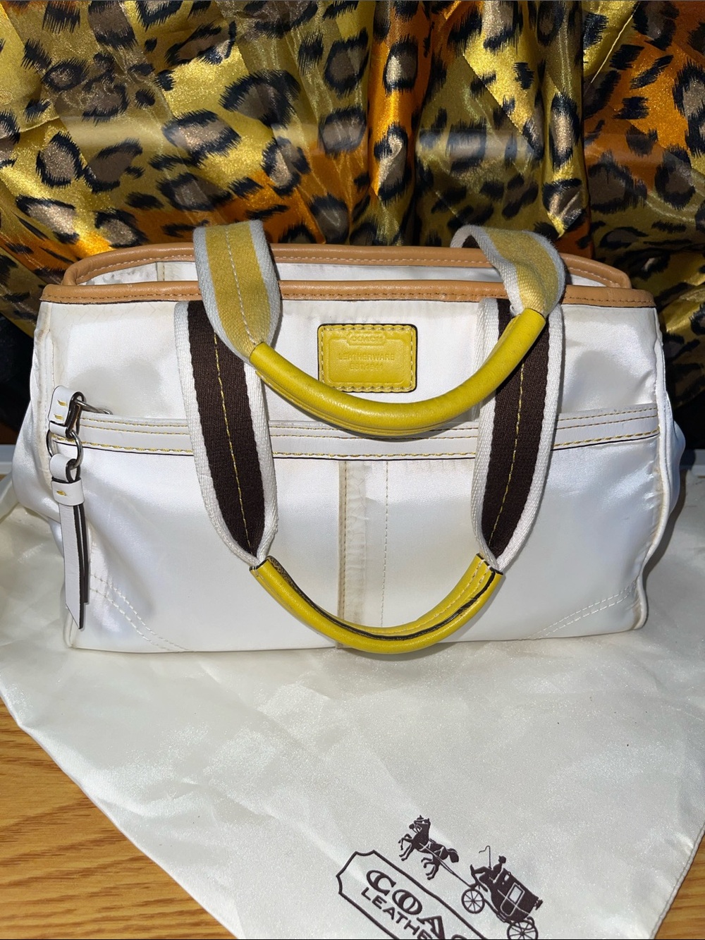 Coach White Sateen Satchel with Yellow Accent Handles